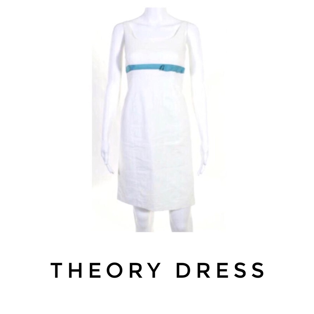 Theory White Mini Dress with Teal Waist Belt